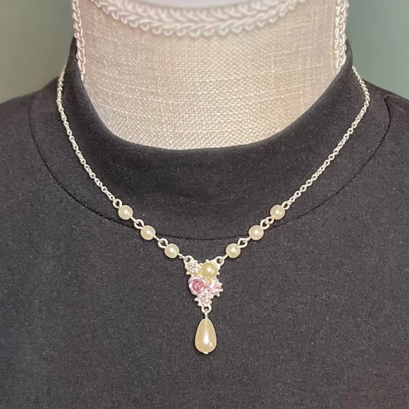 Vintage SAO Victorian Revival Faux Pearl, Bead, Rose, & Rhinestone Necklace - Picture 2 of 4